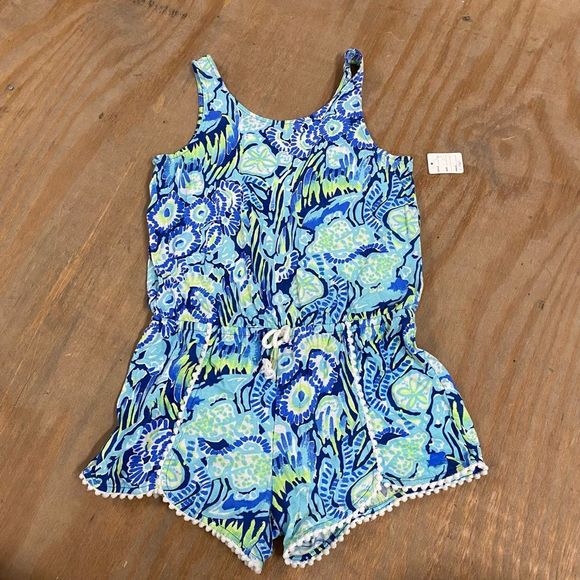 LILLY PULITZER Girls BLUE MULTI-COLOR PRINT SHORT KNIT ROMPER. Size XL (12-14) - Picture 1 of 8